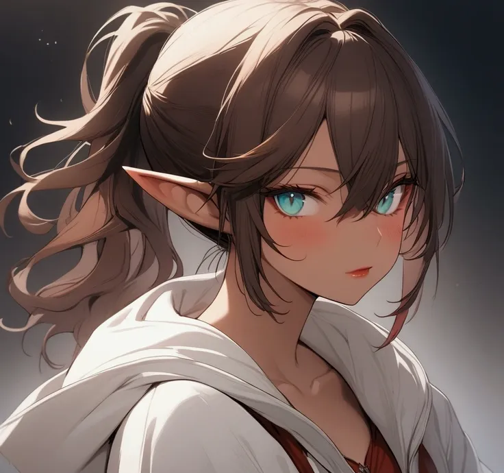 1girl, vampire, elf, tan, best quality, masterpiece, elf ears, aqua eyes, messy hair, very short hair, ponytail, brown hair, ove...