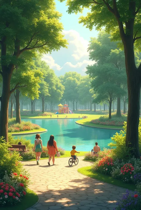 A sunny park with tall trees and a green lawn. There is a peaceful lake reflecting the sunlight and a stone path that crosses the park. Some people relax on benches and others ride bicycles. In the background, there is a colorful playground and vibrant flo...