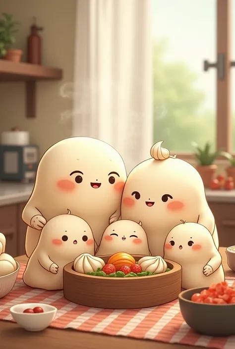 A family looks like a cute and small 
momos ( dad momo, mom momo, son momo, daughter momo)