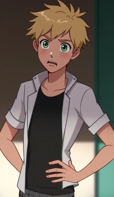 Create Photo of boy version Adrien agreste as look her stomach and stomach growling