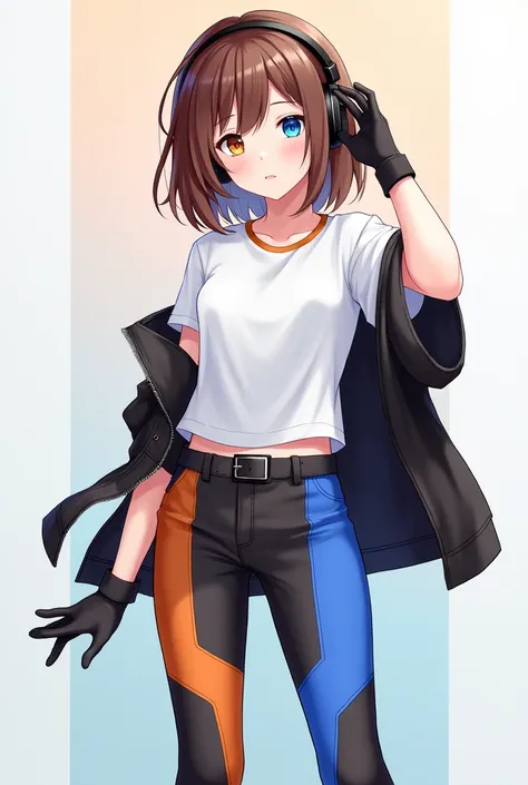 White  t-shirt  black short outwear  full arms  half orange boundary and half 
Blue boundary cyan pant black gloves black shoes  brown hair full pant anime girl one orange and one blue eye black headphones 
