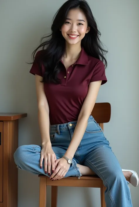 Full body view,Bergaya photography,A beautiful Korean woman,black hair,ideal body,solid chest,wearing a tight maroon polo,wearing tight blue jeans,wearing white high heels,wearing a small elegant watch,sitting on a wooden chair,sweet smile sexy style,best ...