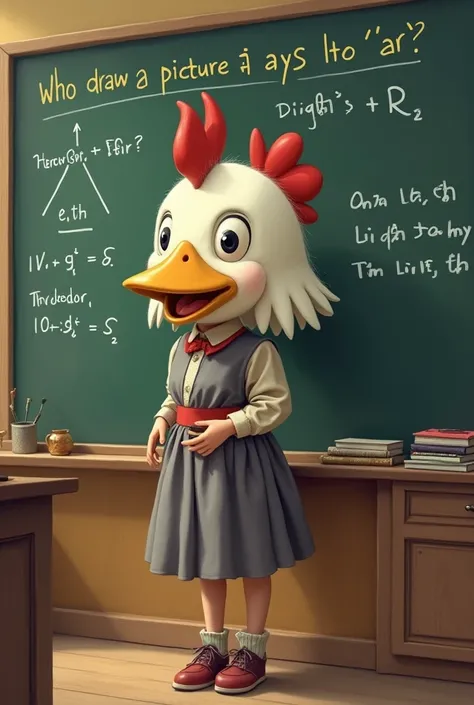 A girl wearing a chicken head hat is drawing a picture in front of a blackboard., On the blackboard is written Ohm&#39;s law and underneath it is &#39;V=I*Draw a picture that says &#39;R&#39;