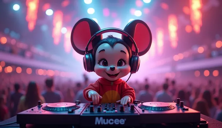 Micki mouse being a dj, that looks small and tender as if it were a child, make him happy and have headphones. I want it to look like a concert with lots of lights in the background, Let it be epic