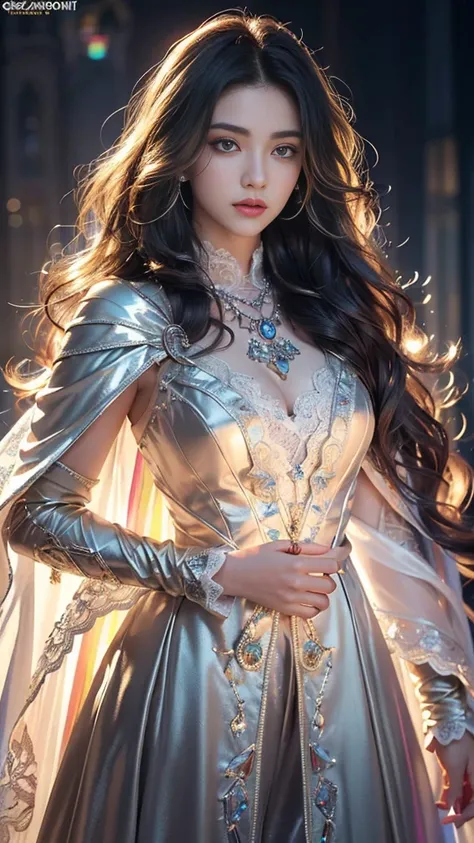 Top quality, masterpiece, ultra high definition, Original photo, 1 Girl, ((wavy sardine)), cinematic lighting, very long hair, detailed eyes, wind, necklace, piercing, ((knighthood cospaly)), ((wavy clothing)), ((rainbow color)), ((wavy lace)), ((wavy dual...