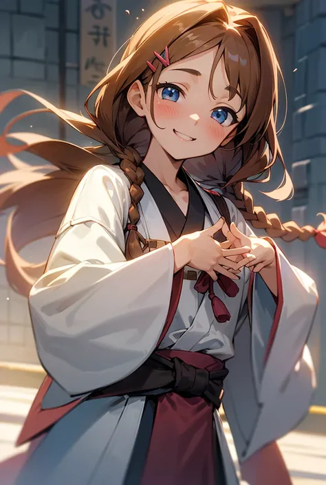 One girl, Japanese, solo, Long Hair, chest, Brown Hair, blue eyes, Open your mouth, Very detailed, Braids, 大きなchest, 強調されたchest,Blushing, smile, A seductive smile, Zoom Layer, Hair Clip, whole body, Street Corner, Light clothing, Spread your hands