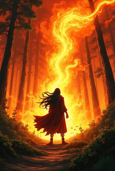 Madara Uchiha using fire style majestic flame to burn the forest with comic strips to show how he releases it 