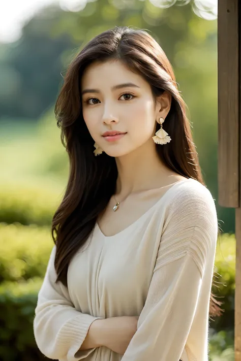 A close-up portrait of a woman with long, dark hair, styled elegantly. She has subtle, stylish earrings that resemble delicate flowers. The setting features a softly lit background with warm, neutral tones, creating a cozy atmosphere. The walls exhibit a s...