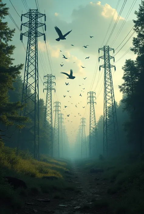 
10 mobile towers are there in a forest and on the sky some birds are flying and some are died on electric wire and some had fallen down dead . In the evening time 