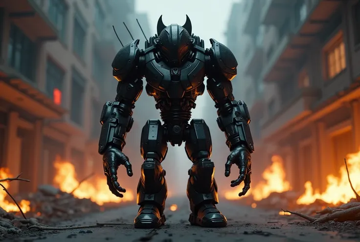 ((perfect anatomy:1.2,realistic:1.3,RAW Photography:1.3,masterpiece、highest quality、Ultra - High resolution、High resolution、Highly detailed CG、8K)), image of an android, full body, megatron look, menacing cyborg, black metallic parts, standing in the middl...