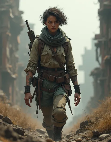 generate a character named Natasha in a post apocalyptic scenario. She is tall, short curly hair, a light beard, worn clothes and a body covered in scars. he is young, about 2, has a square, half-rounded face 