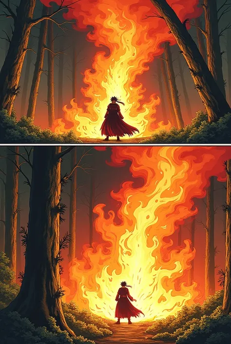 Madara Uchiha using fire style majestic flame to burn the forest with comic strips to show how he releases it. Make it manga styled and side view. Make 2 comic strips atleast.also show how he releases the fire from his 