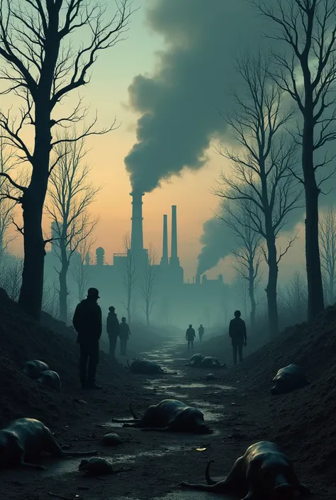 
10 trees trunk are half cut and many animals are died and factories are there from which smoke is released and it is evening time and some people are using phone