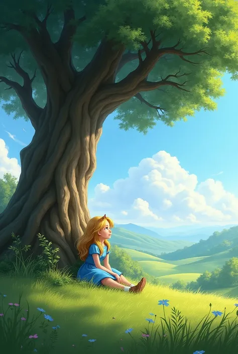 Alice sitting in the field, looking at a tree 