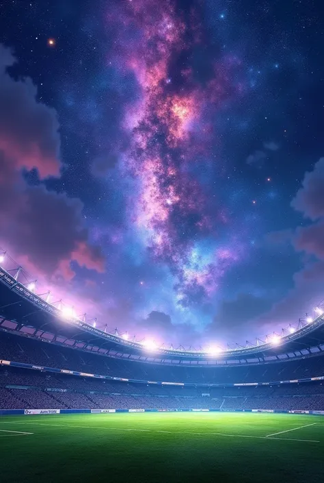 Create an image of a futuristic football stadium illuminated by bright lights, set under a vast cosmic night sky. The sky is filled with nebula-like clouds in vibrant purples, blues, and pinks, and features an even denser arrangement of stars, creating a s...