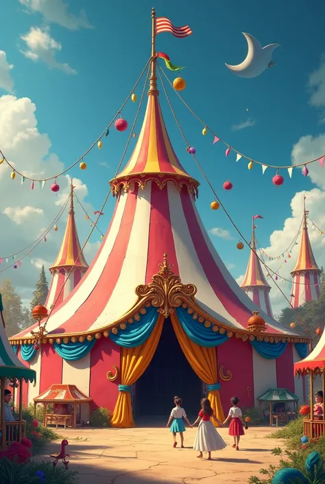 make me a big top circus tent without people but it looks like a happy place and make it a fantasy place because this is a carnival place