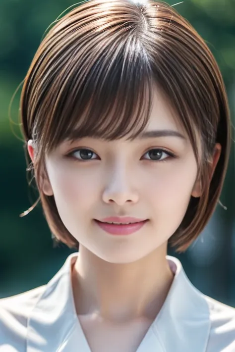 Highest quality, Realistic, Very detailed, finely, High resolution, 8k, Cinema Lighting, 1 person, Cute Japanese Women, 30 years old, light brown straight bob hair, extra Short Blunt bangs, (Wearing a simple business suit:1.4), (Blurred Background, Light o...