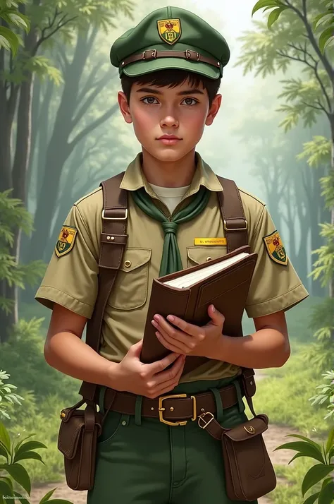 A young Pathfinder, wearing the official khaki uniform with the green pants of the Pathfinder club, holding your class book 