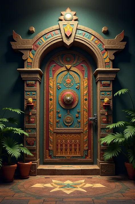 An image of a door decorated with papers and other Mayan-themed items