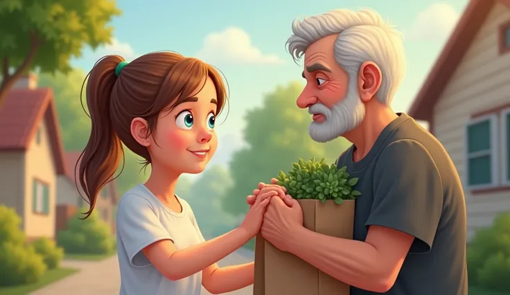 
   Realistic Image..She Jessica has shoulder-length light brown hair, blue eyes, and is wearing a white T-shirt. Age: 9.
  she asks, already reaching for one of his bags.
Image Prompt: Jessica smiling kindly, reaching out to take one of the elderly man’s ...