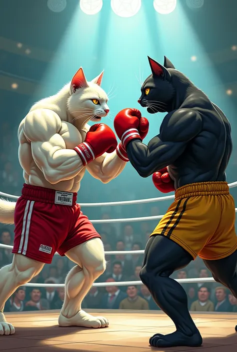 A muscular, anthropomorphic white cat in boxing gloves delivers a punch to a black muscular striped cat, also wearing gloves and yellow shorts, in a boxing ring. A crowd of spectators watches in the background, with bright lighting illuminating the scene.