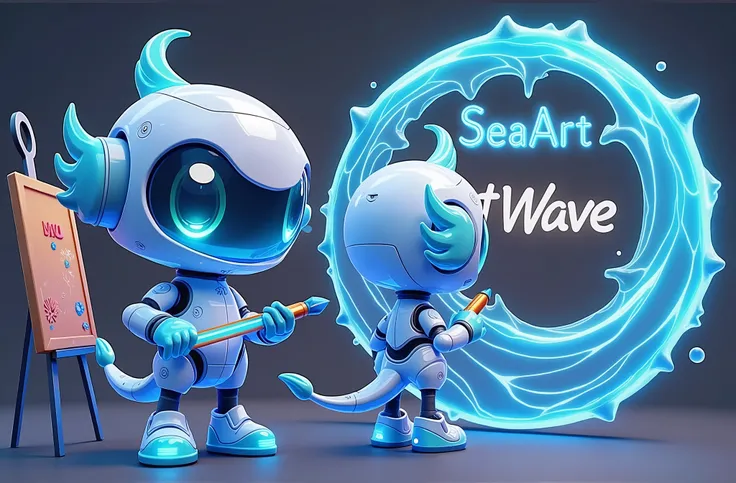 Three views，Design a unique cartoon mascot character named &quot;ArtWave&quot;，Represents a futuristic AI art platform called &quot;SeaArt&quot;。The character has a flowing liquid body made of holographic light waves，A fusion of organic and mechanical elem...