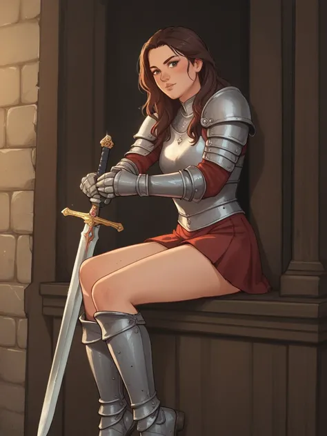 score_9, score_8_up, score_7_up, score_6_up, score_5_up, score_4_up,   wh33z13, female long hair, brunette, dressing a medieval armor, Cuisses, legs armor, sword, red, mini skirt, metal on legs, 