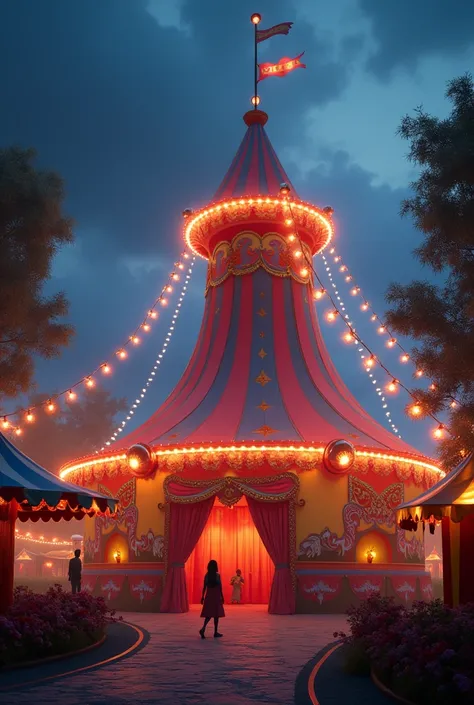 make me a big top circus tent without people but it looks like a happy place and make it a fantasy place because this is a carnival place but do it when it night 