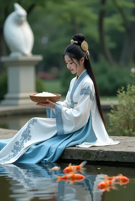 ((best quality)), ((detailed)), a Korean 17th century noblewoman dressed in royalty clothes, white and blue clothes with silver embroidery, long ravenous black hair, kind faced, sitting on the bench near pond, feeding goldfishes with rice from an elaborate...