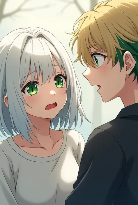 anime girl with shoulder length white hair and green eyes looks at the camera with bright disgust. next to her stands a blond guy with green strands of hair in the front, looking at the screen in shock.