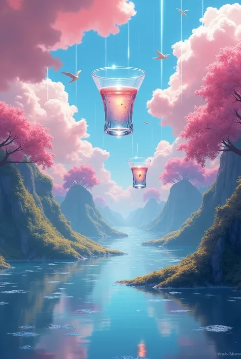 like this image, it&#39;s otherworldly.、i want you to create a surreal landscape.。
two glasses of sake, no roads、only the sky - meteor shower in the sky、otherworldly birds are flying