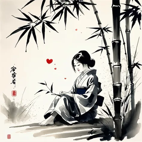 sumi-e ink wash painting depicting a high school girl in a simple yukata, sitting by a bamboo forest. the strokes are minimalist...