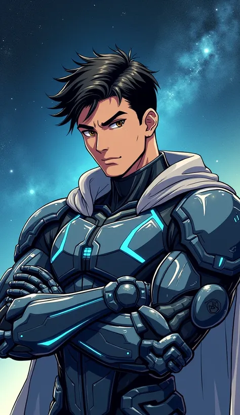 Create an image of the face of a young man with black hair and a muscular build, with dark brown eyes. He is wearing full-body high-tech black robotic armor with glowing blue high-tech patterns on parts of the armor. He is also wearing a gray cloak over hi...