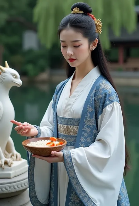 ((best quality)), ((detailed)), a Korean 17th century noblewoman dressed in royalty clothes, white and blue clothes with silver embroidery, long ravenous black hair, kind faced, standing near pond, feeding goldfishes with rice from an elaborately carved wo...