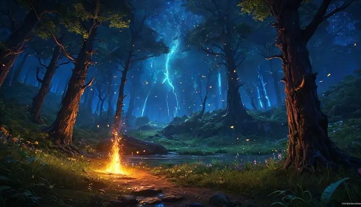 (anime, dark fantasy, fire flies), (by Greg Rutkowski: 1.2), (masterpiece, best quality, high resolution, highly detailed, depth of filed, HDR:1.2), (a fire flies flying around, enchanted forest, dramatic lighting, mysterious, dark hue), {final fantasy x},...