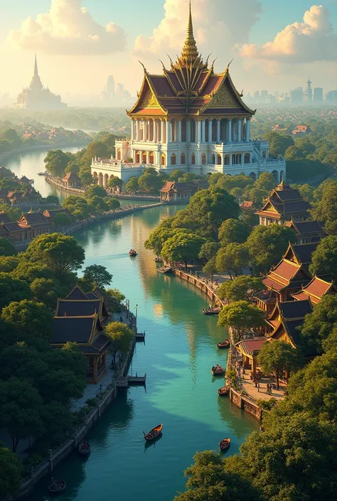 Drawing a city in the old days, in a Thai style. It is a beautiful palace, with canals, trees and houses. The picture is taken from a high angle, right in the sky.