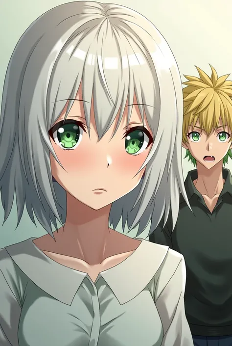 anime girl with shoulder length white hair and green eyes looks at the camera with bright disgust. next to her stands a blond guy with green strands of hair in the front, looking at the screen in shock.