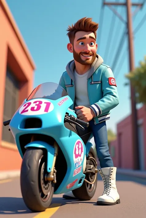 En dessin animé pixar un homme brun avec un dégradé ,blue eyes and very little beard ,standing next to his motorcycle,dressed in Kenny brand motorcycle gear in light blue with white motorcycle boots,with his sky blue crosse motorcycle,white and a little pi...