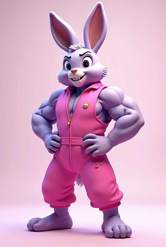 Strong lilac bunny with pink jumpsuit