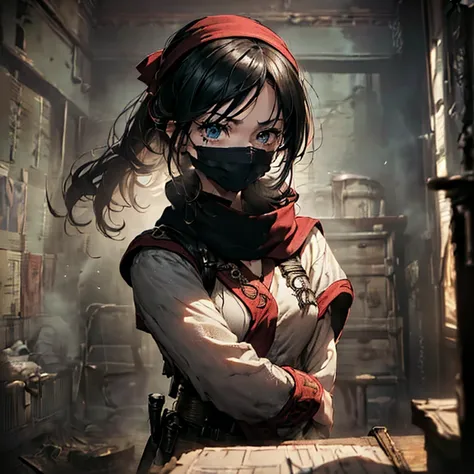 ((​masterpiece、top-quality、hight resolution、Unity 8k、extremely details CG:1,Best Picture), ((solo, 1girl, upper body, Dirty appearance, dirty red ribbons, dirty black hair, black mask)), nakorurums, red ribbon, Generate an image of a female thief standing ...