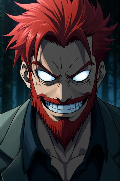 Make a red-haired man with a thin beard and white glowing eyes with a sinister smile. Make anime style