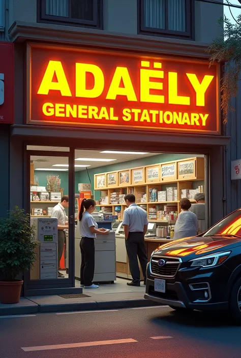 Create an image of a stationery office. Inside the office, there should be a photocopy machine used for printing and selling stationery items in bulk. Outside, write the name capital latter ADAELY GENERAL STATIONARY in glowing 3D gold letters on the sign. ...