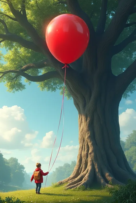 A single red balloon floats up against a large tree.