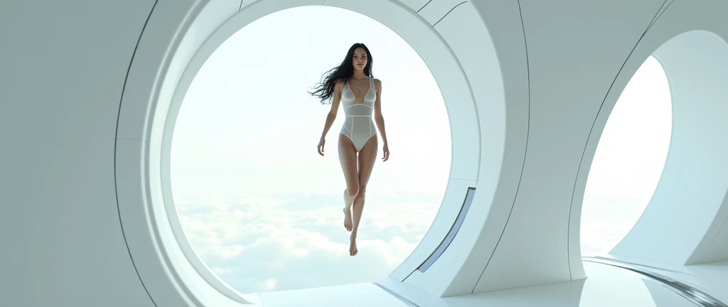 A woman in a white transparent bodysuit lies in the air、Inside the white spaceship、Futuristic landscape、White window、White operation panel、She has long black hair、Ultra-high definition images、