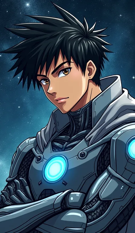 Create an image of the face of a young man with black hair and a muscular build, with dark brown eyes. He is wearing full-body high-tech black robotic armor with glowing blue high-tech patterns on parts of the armor. He is also wearing a gray cloak over hi...