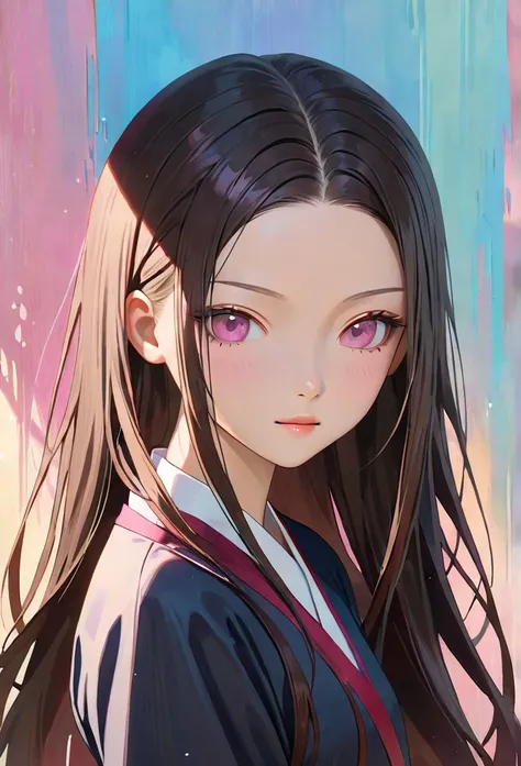 ((Nezuko Komado)), ((long black straight hair)), ((pink eyes)), paint splattered background, paint swirls, big , anime, masterpiece, fine details, breathtaking artwork, painterly art style, high quality, 8k, very detailed, high resolution, exquisite compos...