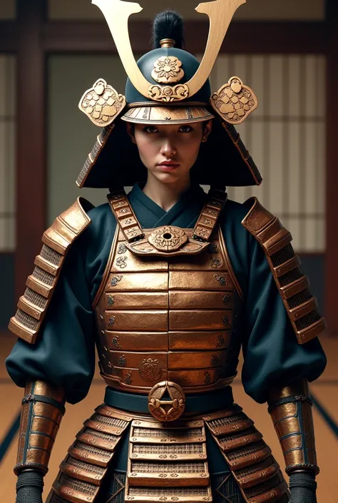 Create an image of a woman wearing traditional samurai armor。Armor and helmet（Helmet）、Torso（copper）、Kusazuri（Kuzuri）、sleeve（Sleeve）、shield（Wear）、Cocktail（shin guards）Includes。Armor is、Family crests, regional patterns, etc.、Reflect the intricate design that...