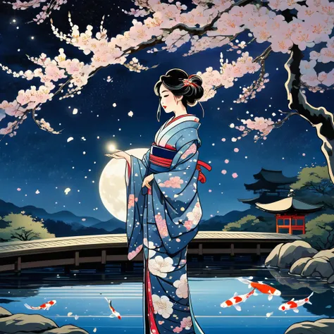 ukiyo-e style painting, A young Japanese high school girl in a elegant kimono stands under a starry night sky, moonlight illuminating her face. Cherry blossoms float on a gentle breeze around her. She gazes longingly at the stars, her heart filled with dre...