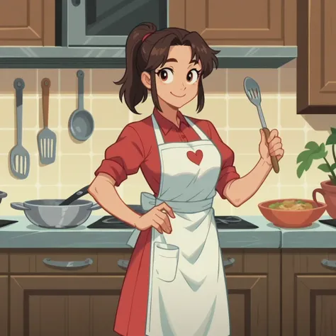 Woman Cook, cartoon screencap, Cute smile,standing, kitchen, Apron, ponytail hair 