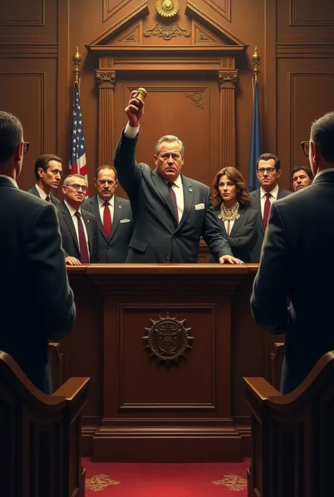  Courtroom Scene: A tense courtroom with a judge banging a gavel, surrounded by anxious lawyers and a worried defendant.